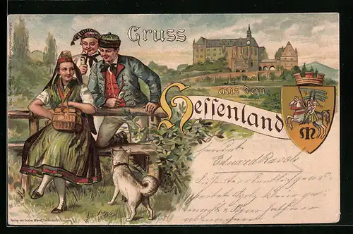 Lithographie Gruss aus dem Hessenland, Frau und zwei Männer in hessischer Tracht, Wappen