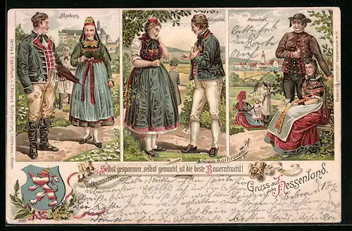 Lithographie Marburg, Schwlam, Nenndorf, Paare in hessischen Trachten