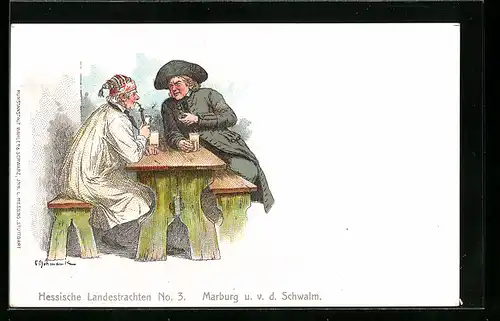 Lithographie Marburg, Männer in hessischen Landestrachten aus Marburg u. v. d. Schwalm