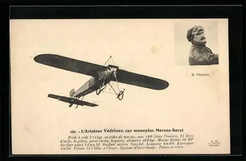 AK L`Aviateur Vedrines, sur monoplan Morane-Borel