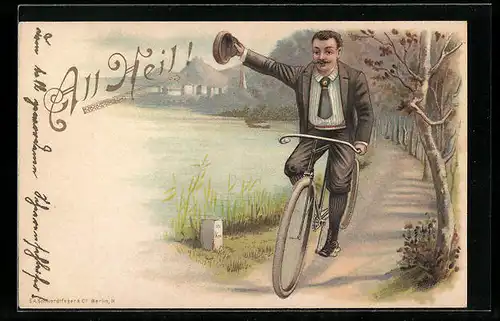 Lithographie Fahrradfahrer grüsst All Heil