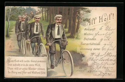 Lithographie All Heil! Fahrradfahrer auf Tour durch den Wald