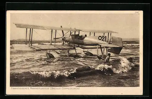 AK Französisches Marineflugzeug Breguet-Doppeldecker vor dem Start vom Meeresstrand