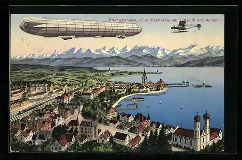 Künstler-AK Friedrichshafen /Bodensee, Neue Uferstrasse mit Luftschiff und Wasserflugzeug