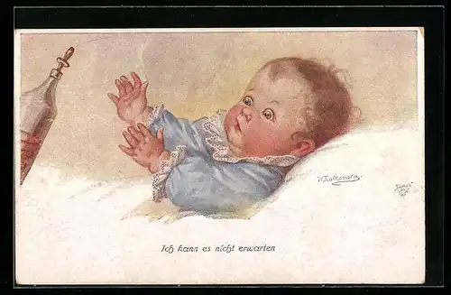 Künstler-AK Wally Fialkowska: Kleinkind greift nach Trinkflasche