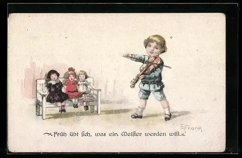 Künstler-AK Elly Frank: Kind spielt Geige für die Puppen