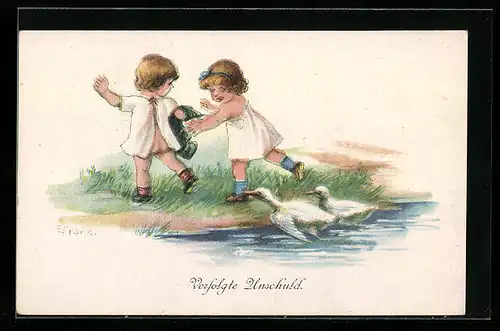 Künstler-AK Elly Frank: Enten jagen Kinder am Wasser