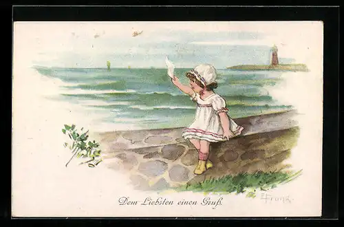 Künstler-AK Elly Frank: Mädchen auf Kaimauer winkt