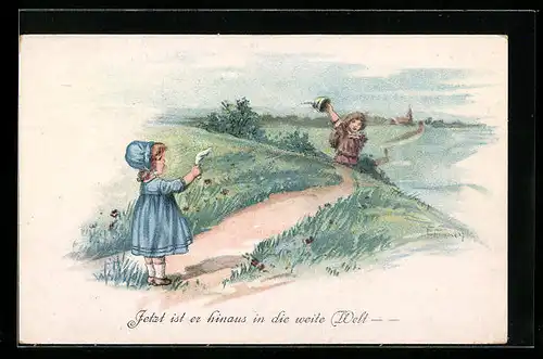 Künstler-AK Elly Frank: Mädchen verabschiedet Wanderer