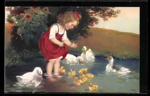 Künstler-AK Marie Flatscher (M.FL.): Mädchen mit Enten und Küken am Ufer, Sonnenblume