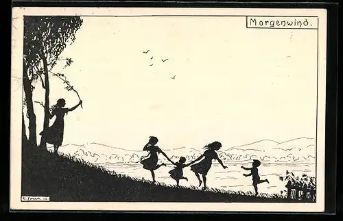 Künstler-AK Elsbeth Forck: Kinder auf einer Wiese spielend, Schattenbild