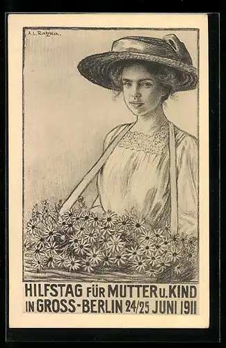 AK Berlin, Hilfstag für Mütter u. Kinder 1911, Kinderfürsorge, Mädchen mit Hut und Blumenbouquet