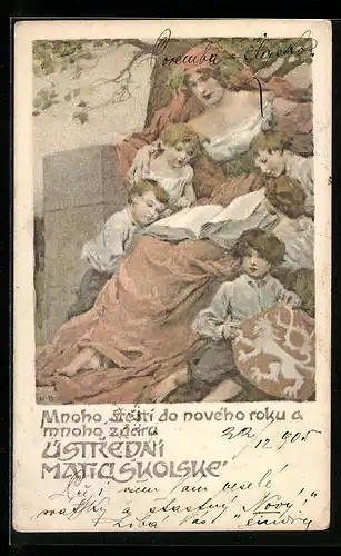 Lithographie Ústredni matici Skolské, Mnoho stesti do nového Roku a mnohu zdaru, Frau und Kinder, Jugendstil