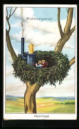 Künstler-AK Wohnungsnot, Kleines Paar wohnt im Vogelnest