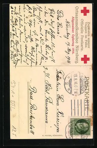 Künstler-AK Nürnberg, Allgemeiner Opfertag 1916, Kleine Schwester gibt Verwundetem Blumen, Rotes Kreuz
