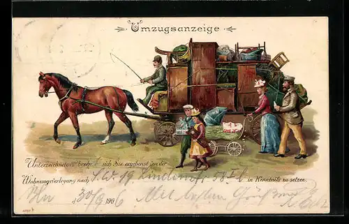 Lithographie Umzugsanzeige, Umzugswagen per Pferdegespann