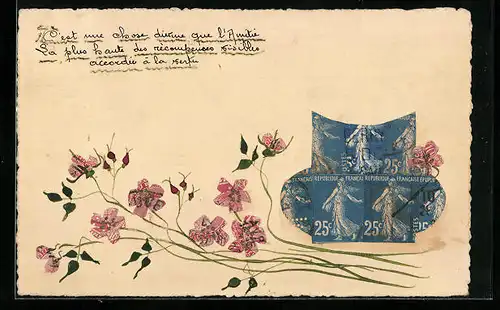 AK Briefmarkencollage, Blumen mit Vase