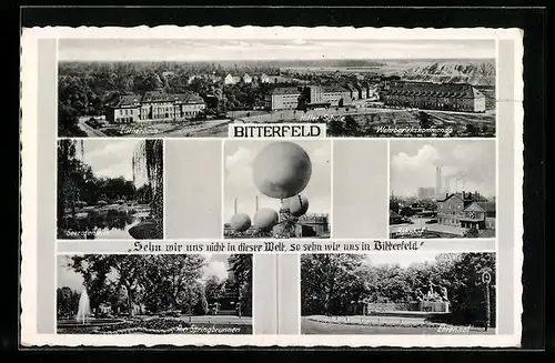 AK Bitterfeld, Ballone, Teilansicht, Lutherhaus, Schule, Ehrenmal