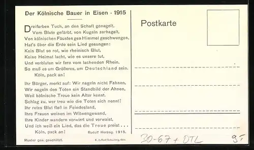Künstler-AK Köln, do Kölsch Boor, der Kölnische Beuer in Eisen 1915, Nagelung