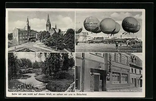 AK Bitterfeld, Ballonwettfliegen, Gaststätte Goldene Kugel, Rathaus und Stadtkirche