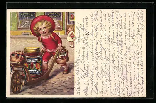 Künstler-AK Reklame für Bourzutschkys Konfitüre, Kind fährt riesiges Konfitüreglas in einer Schubkarre