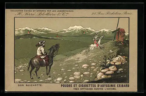 Künstler-AK Paris, H. Ferré, Blottière & Cie, 28, Rue Richelieu, Don Quichotte vor einer Windmühle, Masticatoire Ferlys