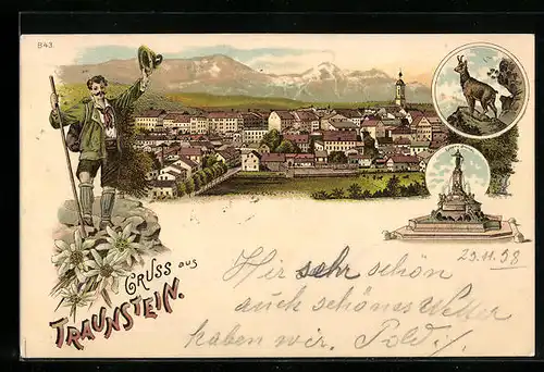 Lithographie Traunstein, Ortsansicht mit Bergpanorama, Luitpold-Brunnen, Wandersmann