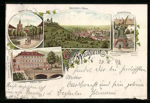 Lithographie Weinheim, Gasthof Pfälzer Hof, Ortsansicht von Osten, Rother Thurm