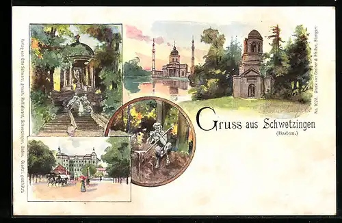 Künstler-AK Schwetzingen /Baden, Schlossgarten mit Moschee und Kirche, Pavillon, Strassenpartie