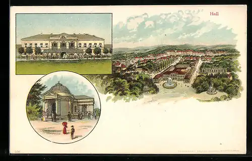 Lithographie Hall, Ortsansicht aus der Vogelschau, Historische Gebäude