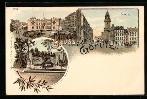 Lithographie Görlitz, Obermarkt, Kanonendenkmal