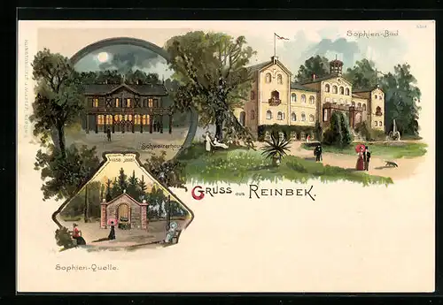 Lithographie Reinbek, Schweizerhaus bei Vollmond, Sophien-Bad und Sophien-Quelle