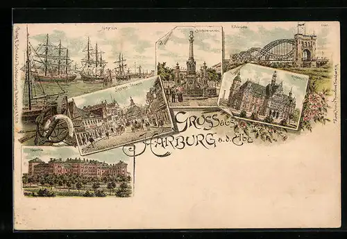 Lithographie Harburg /Elbe, Kaserne, Schloss-Strasse, Hafenpartie