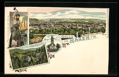 Lithographie Hagen i. W., Gaststätte Waldlust, Schmied, Ortsansicht aus der Vogelschau