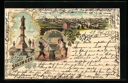 Lithographie Solingen, Laufbrunnen, Schmiedende Zwerge, Ortsansicht
