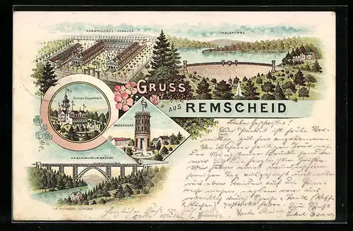 Lithographie Remscheid, Restaurant Schloss Küppelstein, Ausstellungs-Gebäude, Wasserturm, Thalsperre