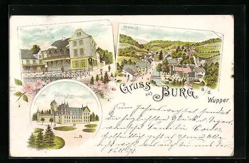 Lithographie Burg /Wupper, Ortsansicht Unterburg, Strassenpartie, Schloss Burg