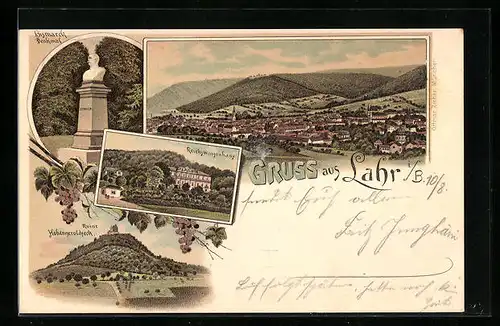 Lithographie Lahr i. B., Reichswaisenhaus, Bismarck-Denkmal, Gesamtansicht