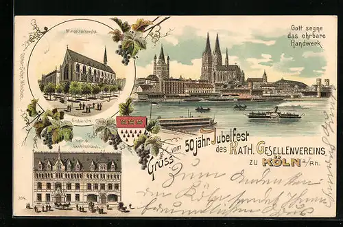 Lithographie Köln, 50-jähriges Jubiläum des Kath. Gesellenvereins, Gesellenhaus, Minoritenkirche, Panorama, Wappen