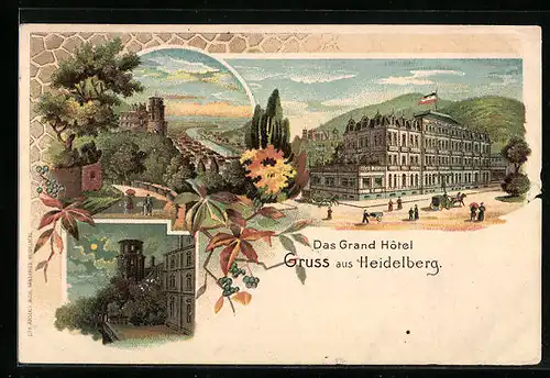 Lithographie Heidelberg, Grand Hotel, Ortsansicht mit Burg