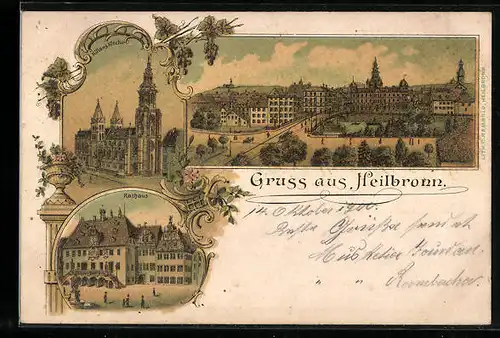 Lithographie Heilbronn, Ortspartie aus der Vogelschau, Kilians Kirche, Rathaus