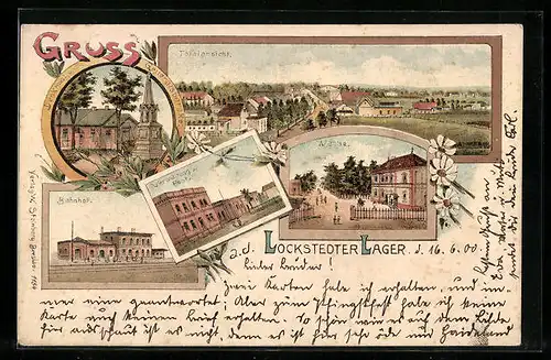 Lithographie Lockstedter Lager, Totalansicht, Bahnhof, Wache