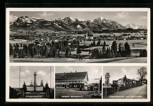 AK Lechbruck /Allgäu, Gasthof Metzgerwirt, Flösserdenkmal mit Lechbrücke, Gesamtansicht