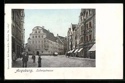 Goldfenster-AK Augsburg, Partie in der Ludwigstrasse mit leuchtenden Fenstern