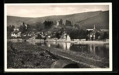 AK Neckarsteinach, Flusspartie mit Blick auf den Ort