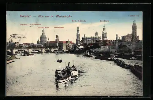 AK Dresden, Blick von der Marienbrücke auf Frauenkirche und Schlossturm