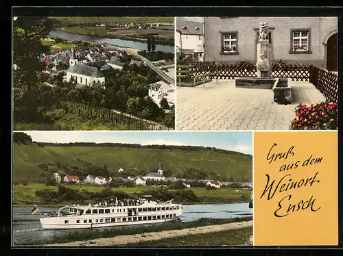 AK Ensch /Mosel, Ortsansicht und Fluss mit Dampfer