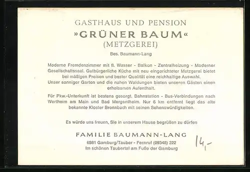 AK Gamburg /Tauber, Gasthof und Pension Grüner Baum mit Auto