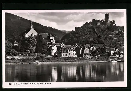AK Beilstein a. d. Mosel, Uferpartie mit Kirche und Ruine Metternich