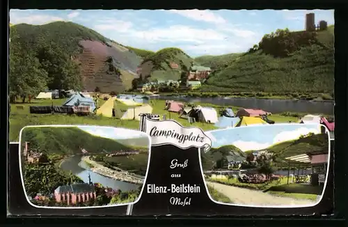 AK Ellenz-Beilstein /Mosel, Campingplatz, Uferpartie mit Kirche, Ortspartie